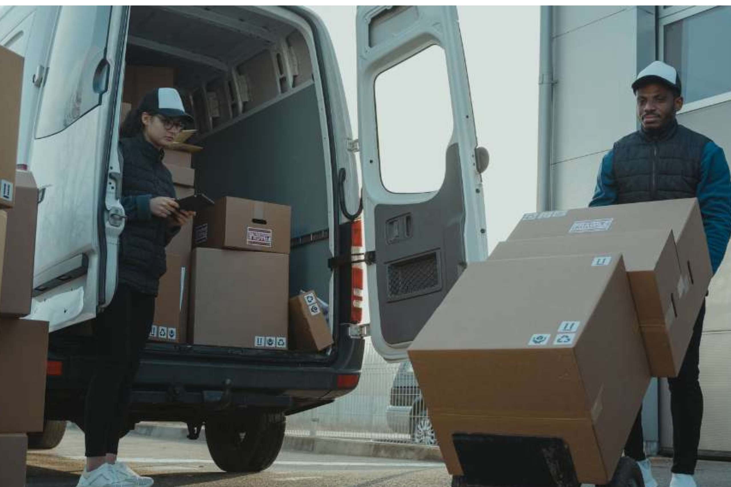 Two  men moving boxes in and out of a truck